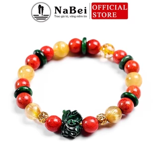 Vòng Tay Thạch Anh Tóc Vàng Tự Nhiên Mix San Hô Đỏ, Đồng Điếu Sơn Thủy, Gold