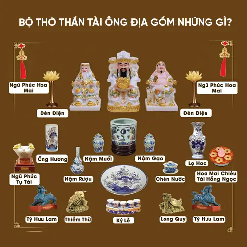 Bàn thờ Thần Tài Thổ Địa bài trí linh vật phong thủy.