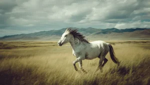 Ngựa trắng chạy tự do trên đồng cỏ.