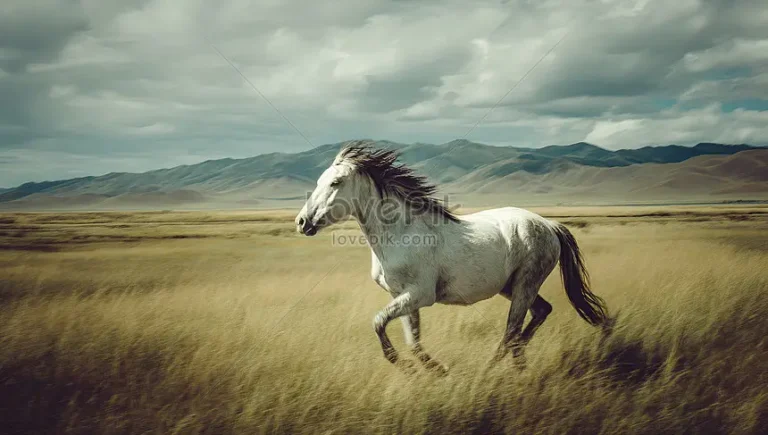 Ngựa trắng chạy tự do trên đồng cỏ.