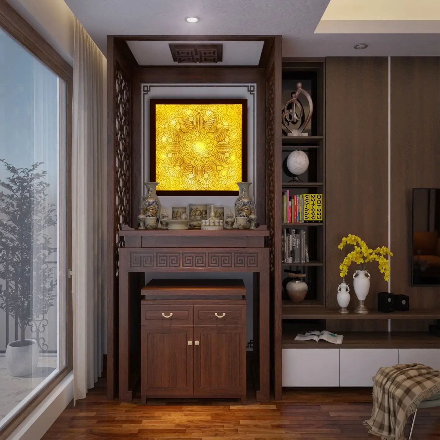 Hóa giải kiêng kỵ bàn thờ trong phòng ngủ: Bí quyết Phong thủy chuẩn 4 Bố trí bàn thờ nhỏ gọn, tối ưu không gian.