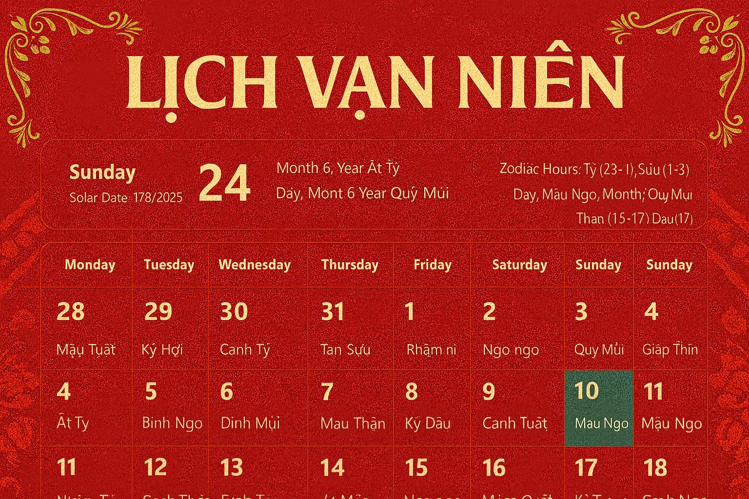 Lịch âm dương, bảng chuyển đổi phong thủy