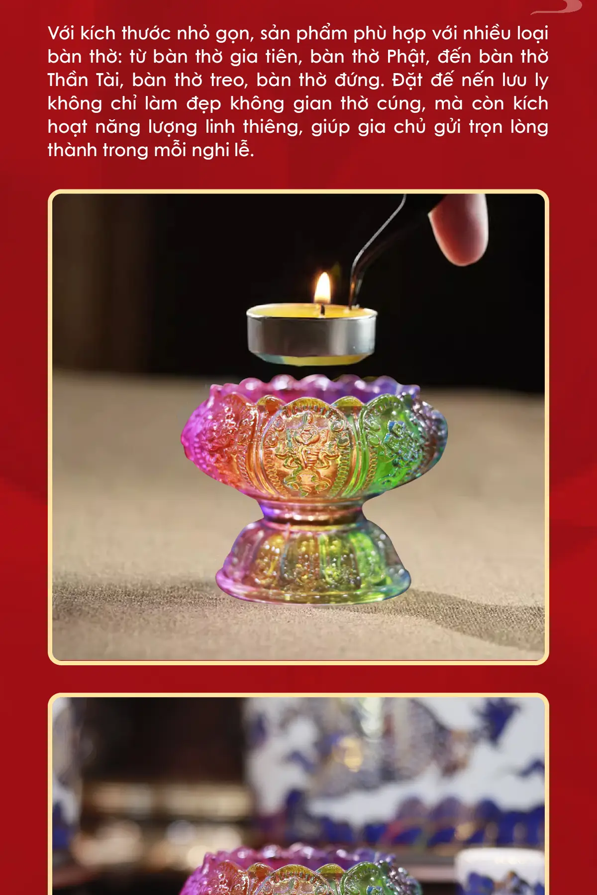 Nến lưu ly cháy trên bàn thờ gia tiên.