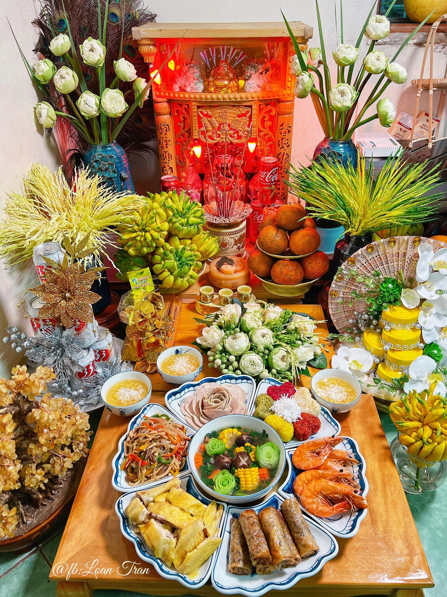 Bàn thờ mâm cúng Rằm đầy đủ, trang trọng