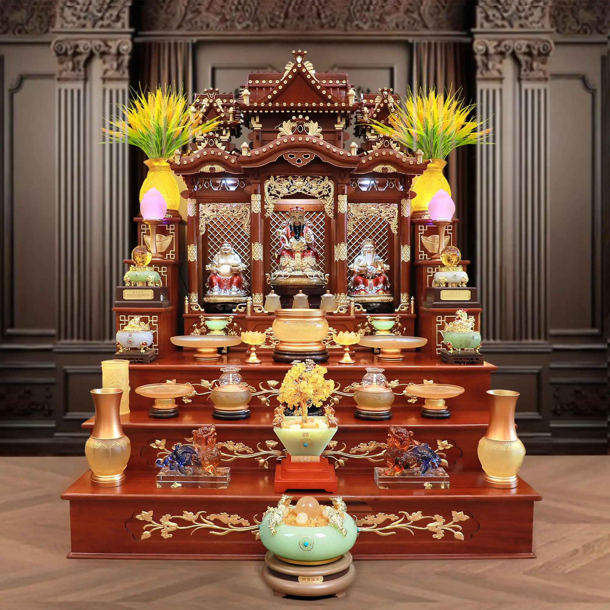 Hóa Giải Nhà Bằng Đá Trấn Trạch: Cẩm Nang Chuyên Sâu Từ Chuyên Gia 5 Bàn thờ khai quang đá trấn trạch, trầm hương, nến.