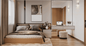 Giường ngủ kê tường vững chắc, phong thủy tốt.