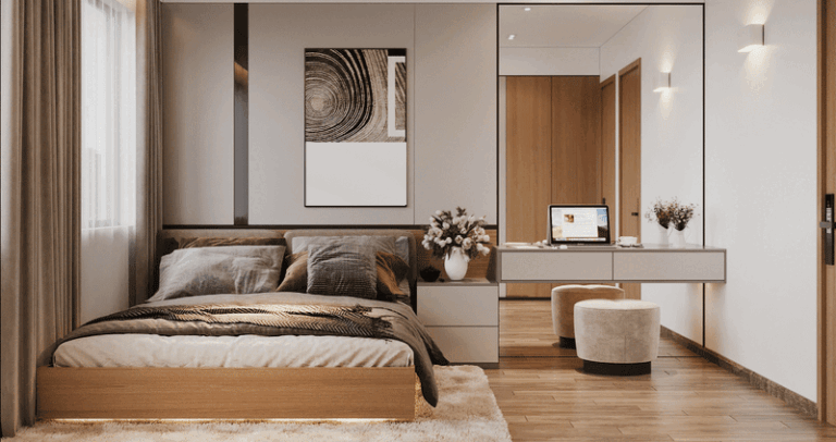 Giường ngủ kê tường vững chắc, phong thủy tốt.