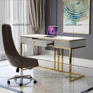 Bàn làm việc hiện đại sang trọng trắng xám vàng đồng.