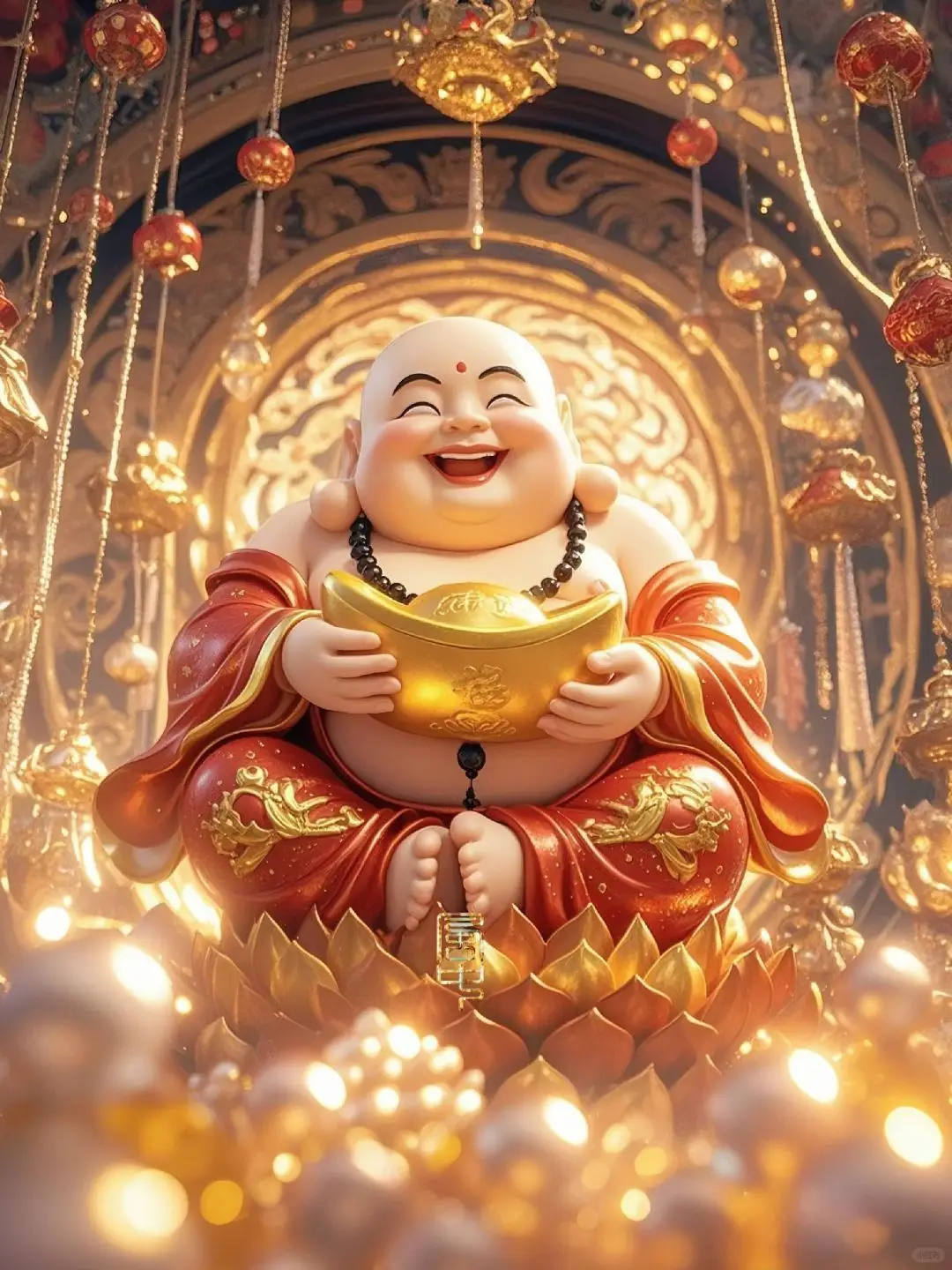 Giải Mã Giấc Mơ Thấy Thần Tài: Tài Lộc Hay Cảnh Báo? 6 Thần Tài mỉm cười, ánh vàng rực rỡ tài lộc.