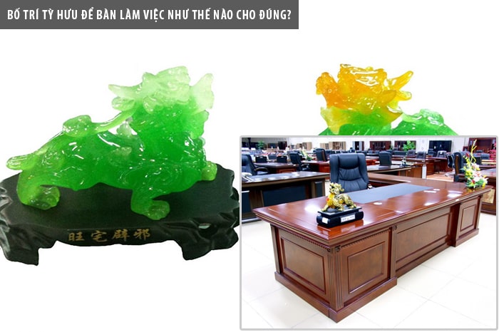 Bàn làm việc thanh lịch với Tỳ Hưu nhỏ ý nghĩa.