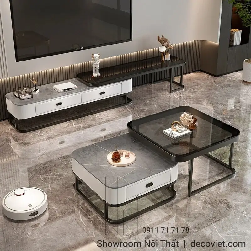 Khám phá sâu sắc ý nghĩa hình vuông ổn định trong Phong Thủy 6 Phòng khách hiện đại: Sofa L, bàn trà vuông, kệ.