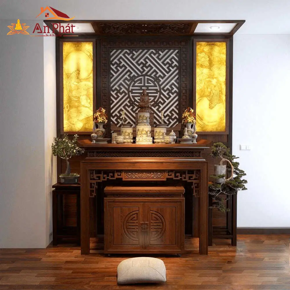 Bàn thờ trang trọng, đầy đủ và gọn gàng.