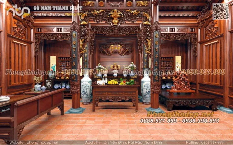 Bàn thờ truyền thống trang nghiêm, kín đáo trong không gian ấm.