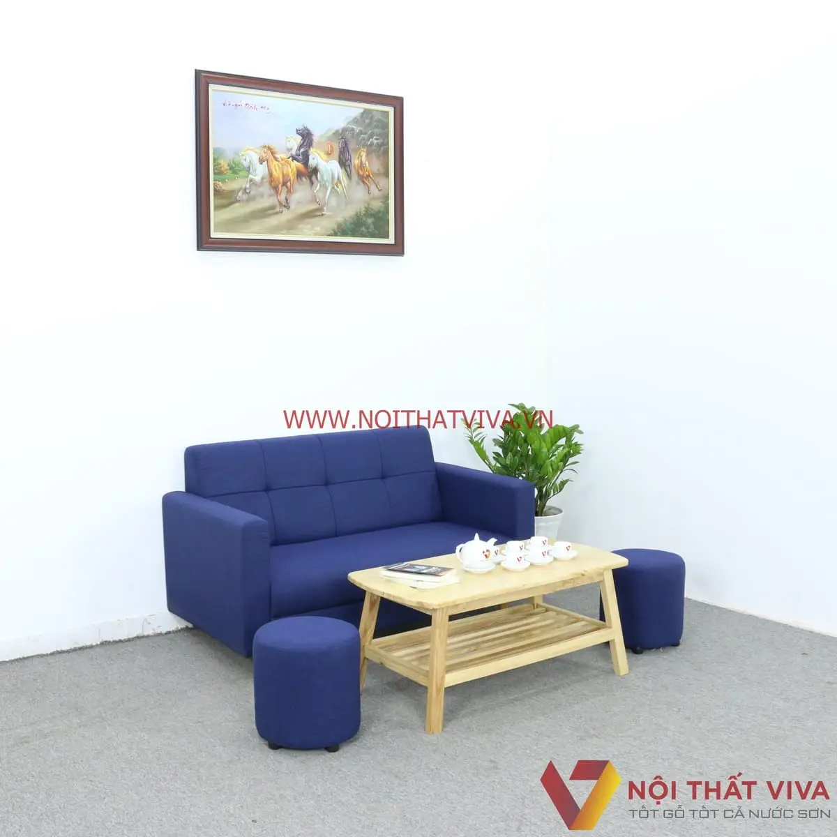 Phòng khách nhỏ gọn: Sofa, bàn trà, cây xanh.
