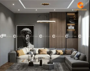 Phòng khách hiện đại: Sofa đen, tường xám, decor sáng.