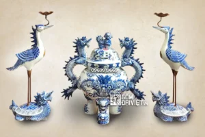 Lư hương Bát Tràng hạc và chân nến sứ