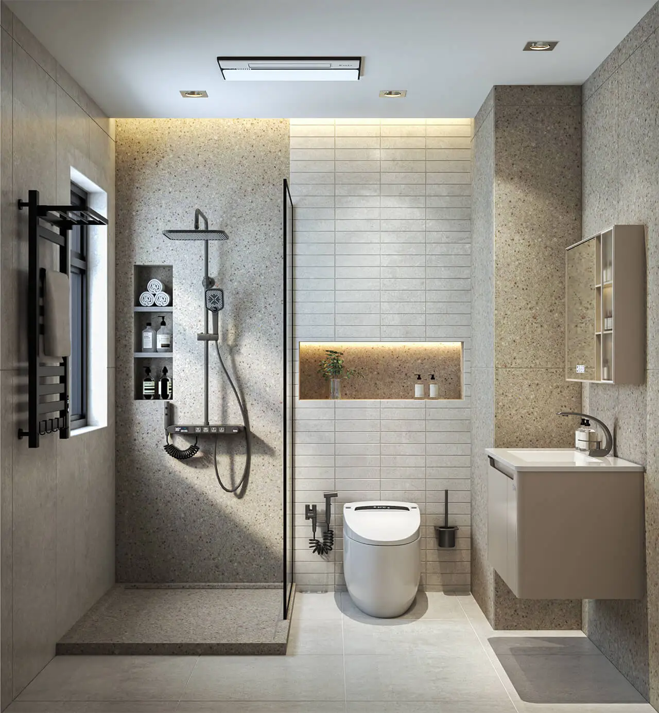 Nhà vệ sinh sạch đẹp, gương bố trí hợp lý.