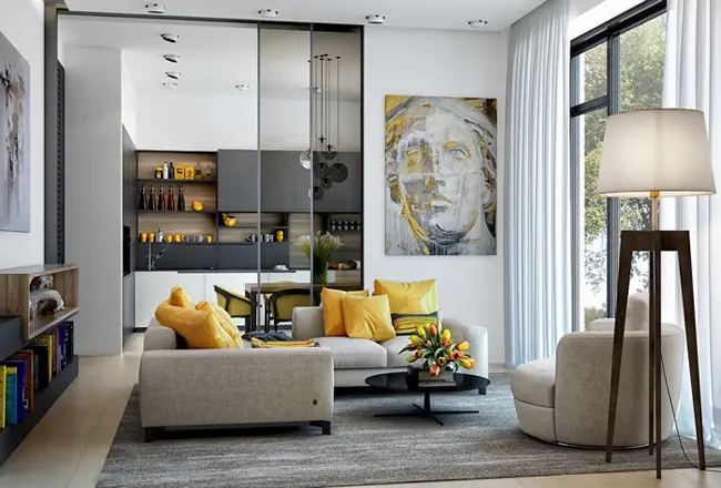 Nội thất vàng trắng xám sang trọng cân bằng.