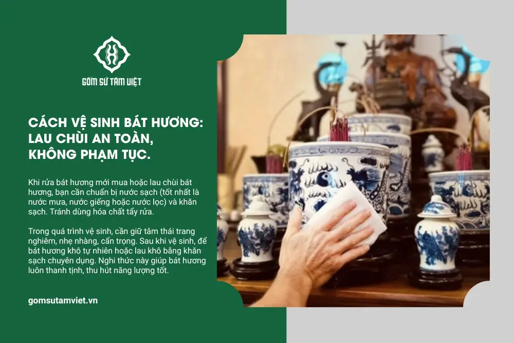 Vệ sinh bát hương, rút tỉa chân hương sạch sẽ.