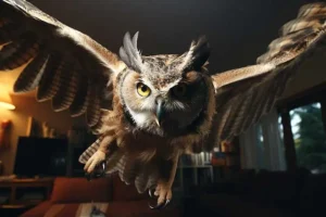 Cú mèo đang bay vào cửa sổ