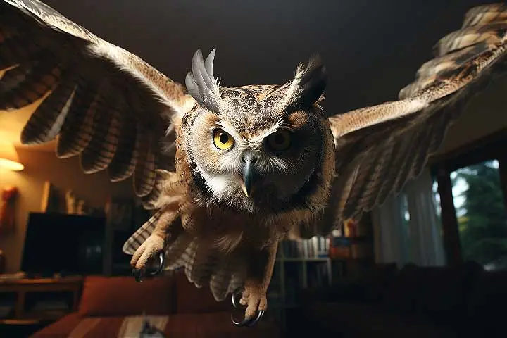 Cú mèo đang bay vào cửa sổ