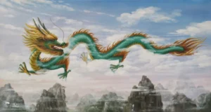 Rồng vàng bay lượn trên mây trời.