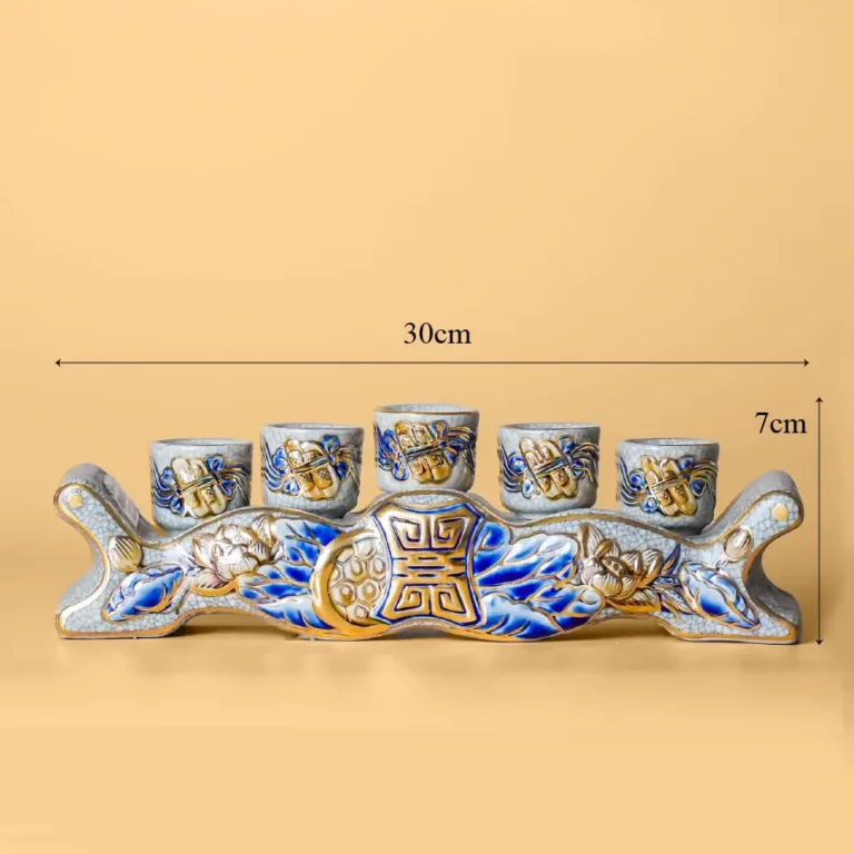 Kỷ 5 chén men rạn vẽ vàng bàn thờ