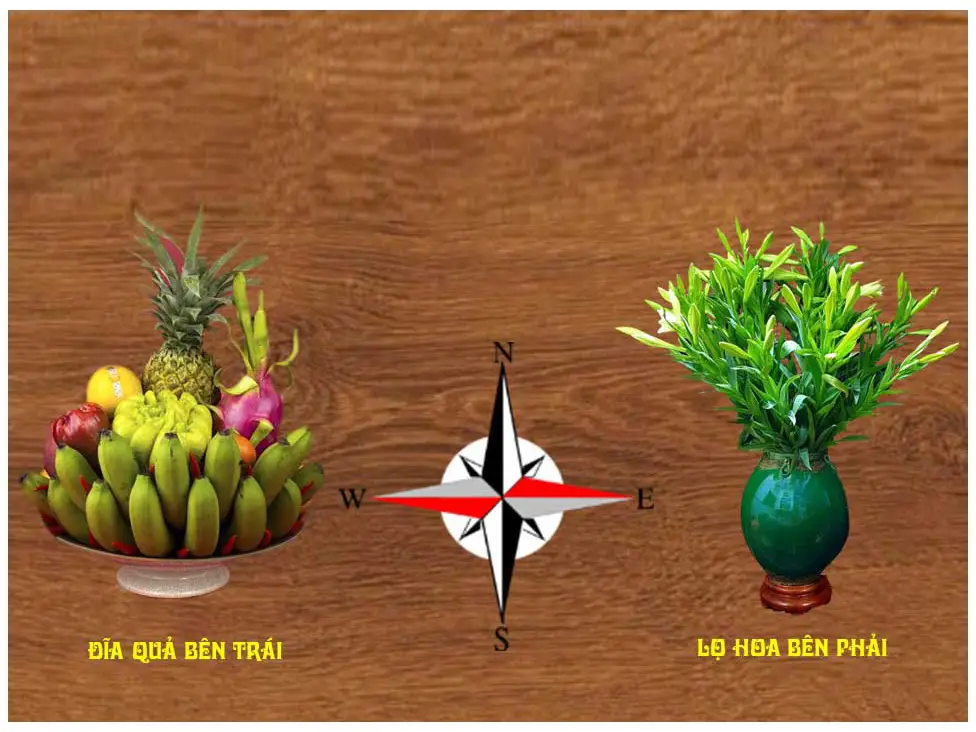 Bàn thờ chuẩn Đông bình Tây quả.