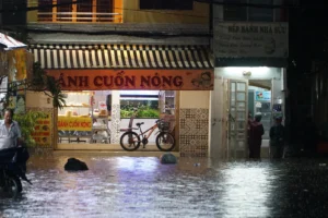 Nhà bị ngập, kiên cường đứng vững. Bền bỉ.