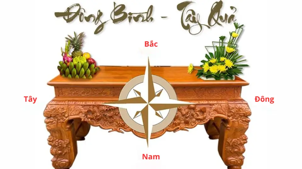 Bình Hoa Thờ Cúng: Nguyên Tắc Bố Trí, Ý Nghĩa & Nghi Thức Chuẩn Mực 4 Sơ đồ bàn thờ chuẩn Đông bình Tây quả
