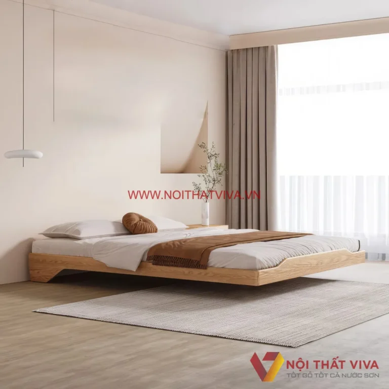 Giường ngủ không kê chân tối giản, không gian hài hòa.