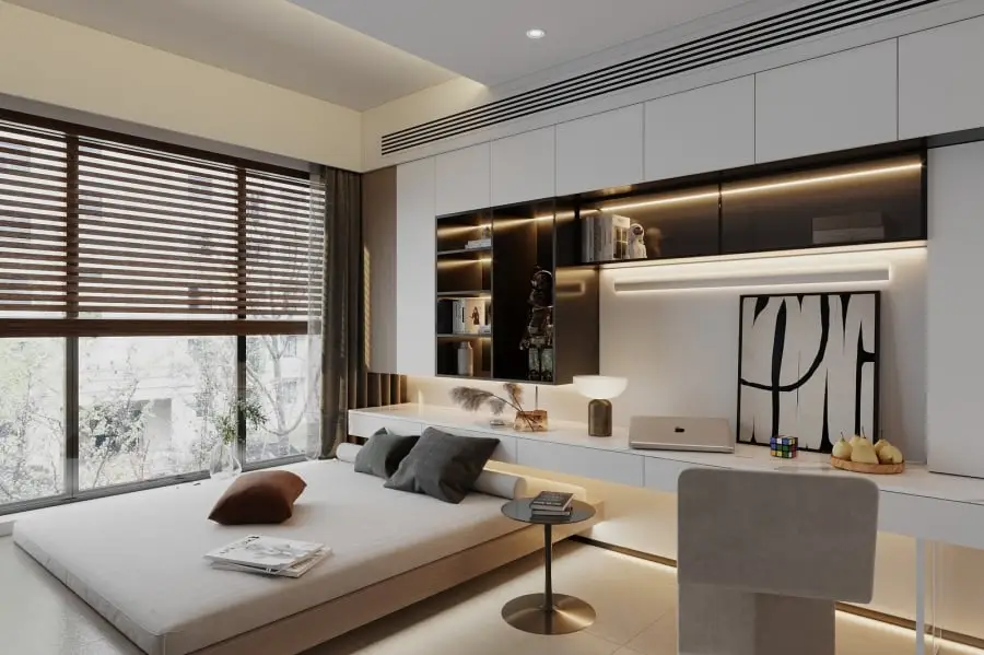 Phòng ngủ hóa giải giường sát cửa sổ vách gỗ rèm.