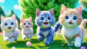 Đàn mèo nhiều màu vui đùa trên cỏ xanh.