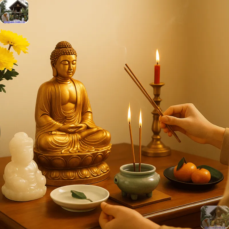 Khai quang vật phẩm phong thủy bằng hương nến.