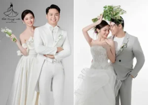 Cặp đôi cưới lo lắng, trang phục xáo trộn.