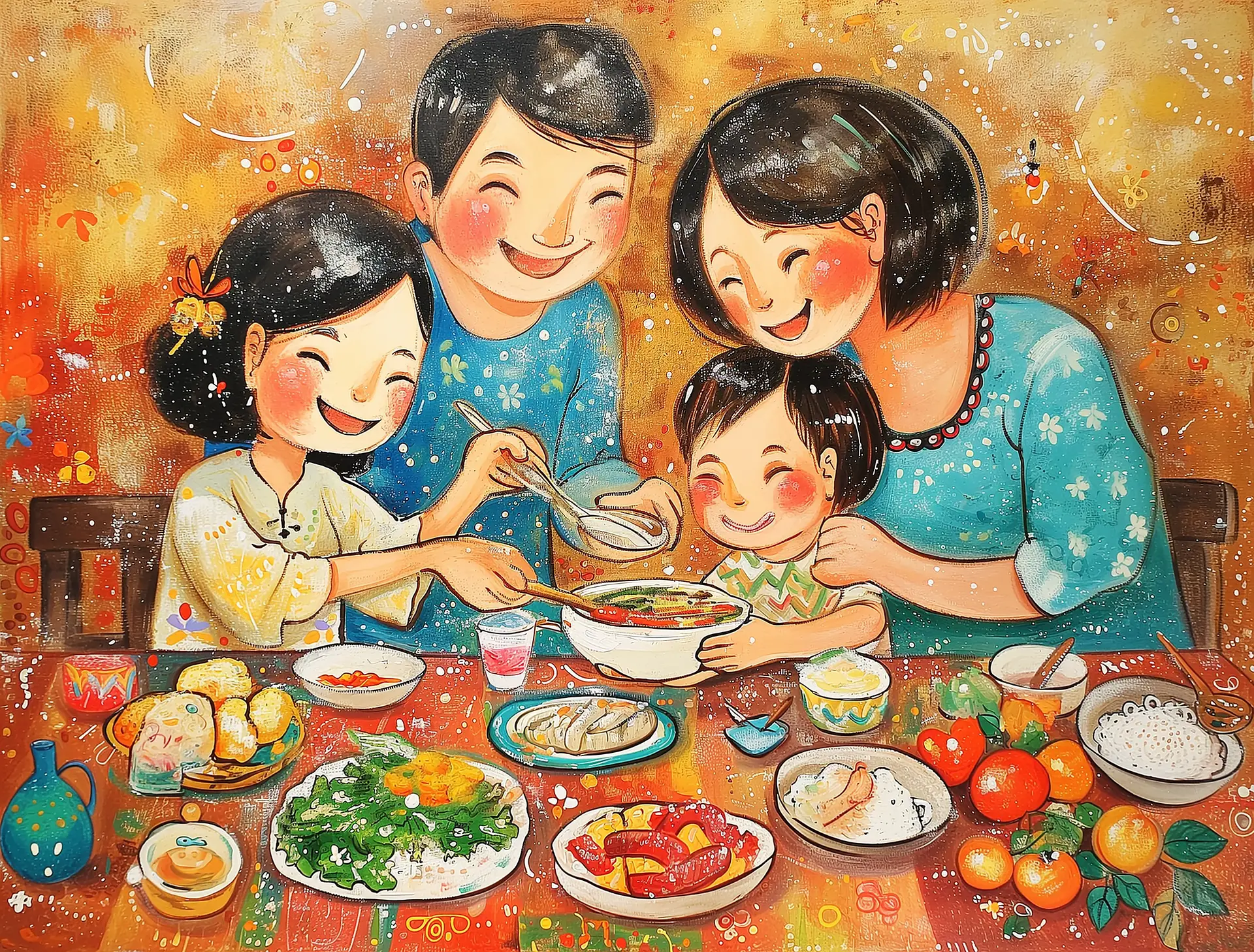 Gia đình hạnh phúc tụ lộc sau lễ cúng.