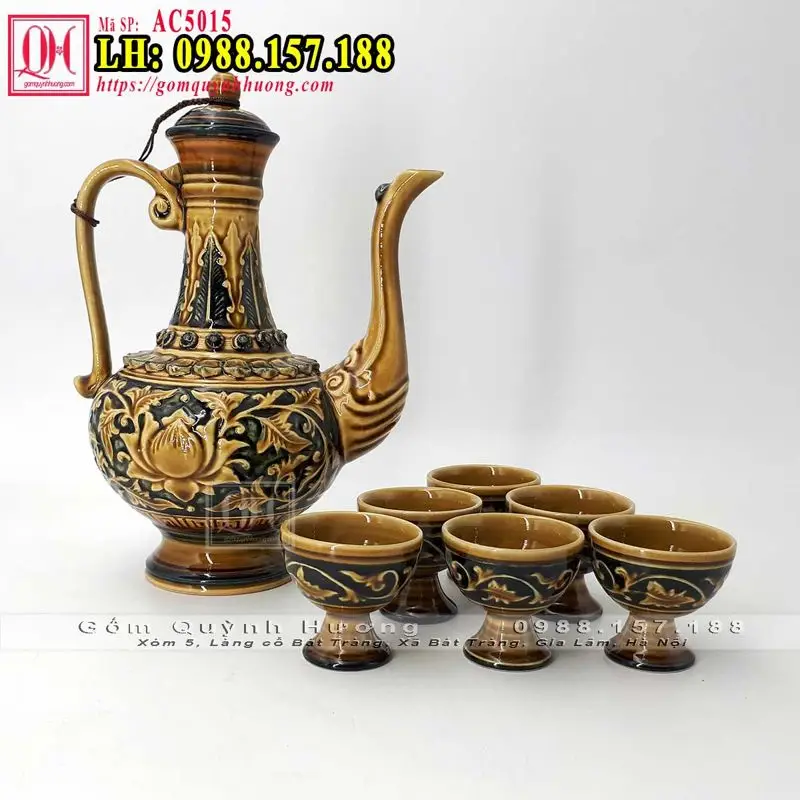 Bộ ly rượu thờ cúng gốm sứ, đồng