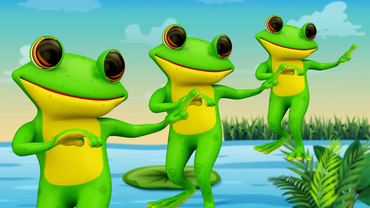 Nằm Mơ Thấy Ếch: Giải Mã Điềm Báo & Hóa Giải An Lành 6 Ếch nhảy vui vẻ trong hồ nước xanh.