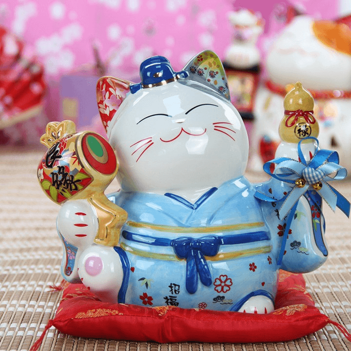 Mèo Thần Tài gốm sứ xanh lá, xanh dương