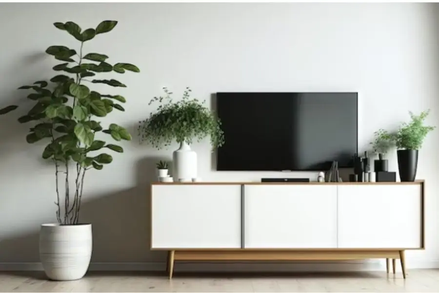 Ý nghĩa kệ tivi hướng nào: Bí quyết thăng tiến công danh, tài lộc 7 Kệ tivi gọn gàng, sạch đẹp, trang trí cây xanh.