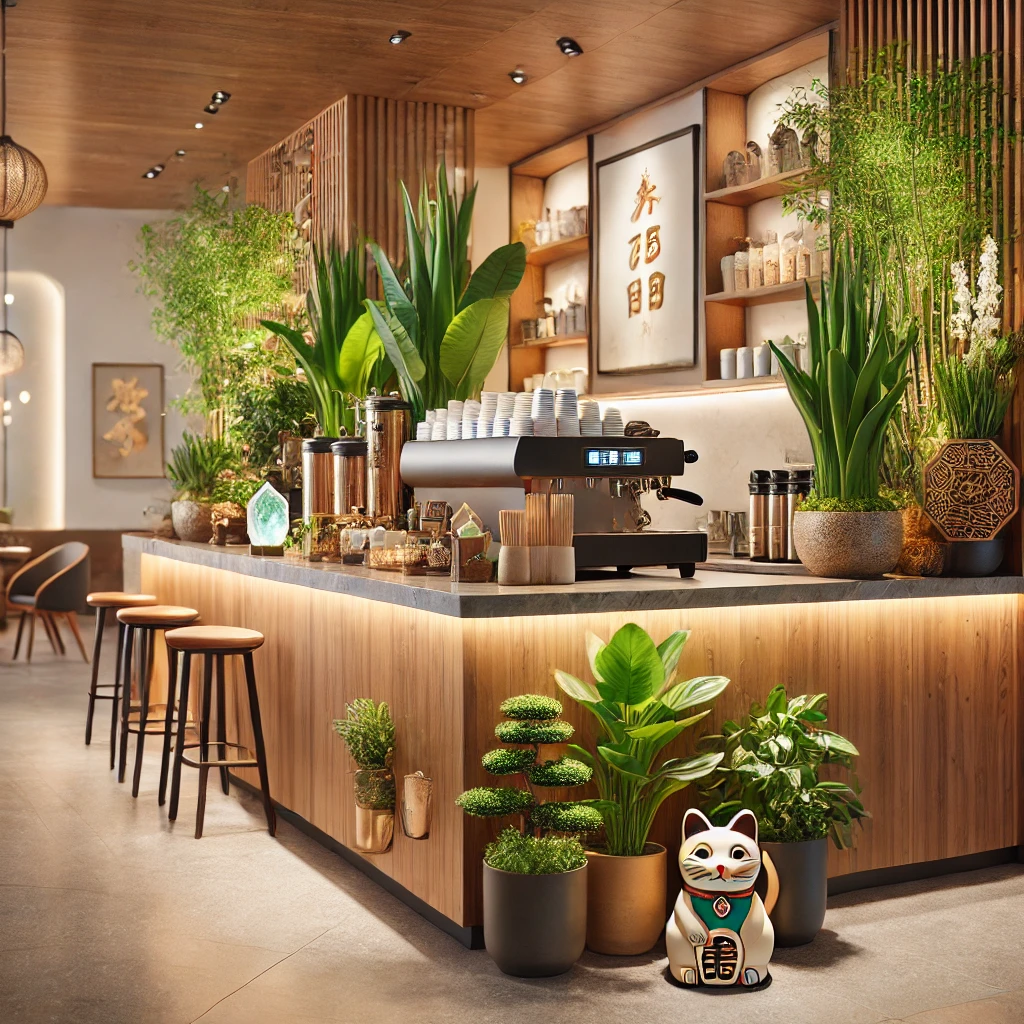 Nhà hàng tinh tế, Tỳ Hưu quầy lễ tân, cây xanh.