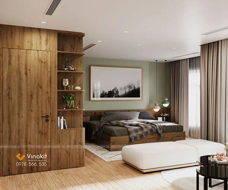 Phòng ngủ trung tính ấm cúng, rèm cửa dày.