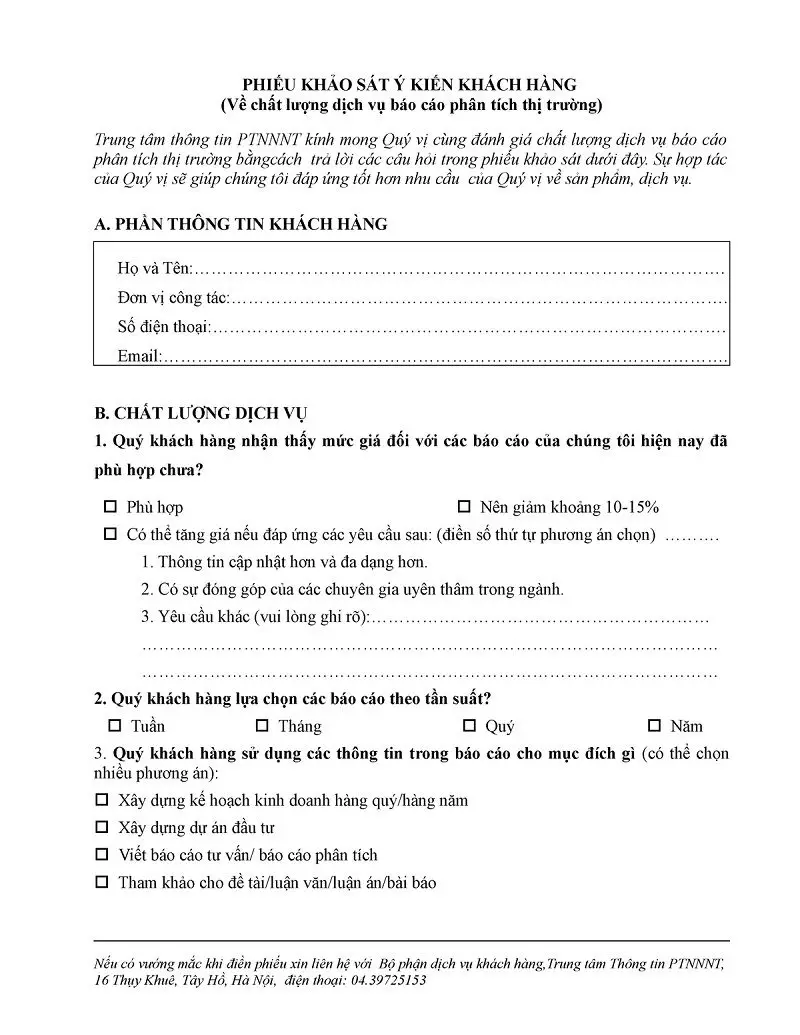 Mẫu bảng câu hỏi khảo sát ý kiến
