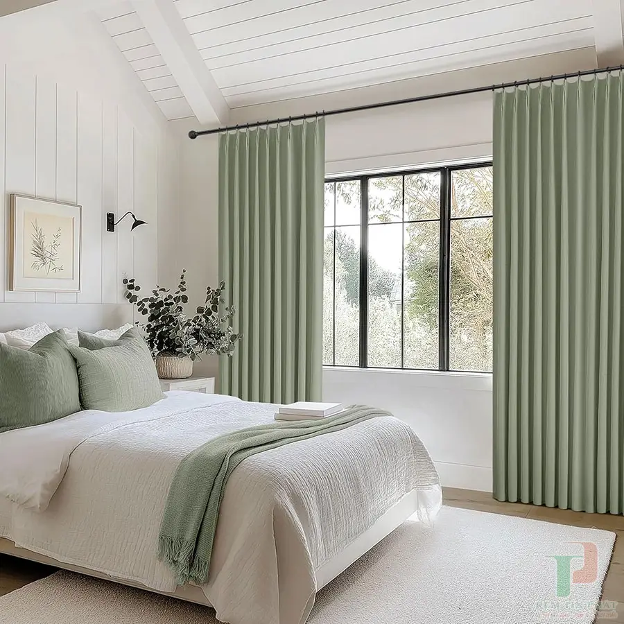 Rèm hai lớp xanh nhạt voan trắng phòng ngủ.