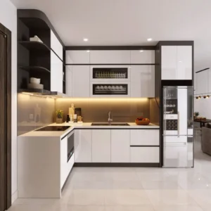 Tủ lạnh cao cấp trong bếp sạch sẽ, sang trọng.