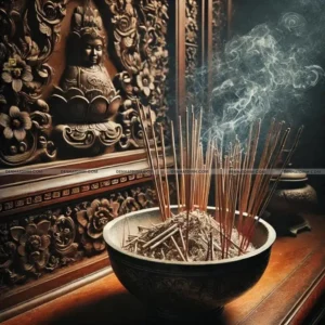 Bàn thờ gia tiên 5 nén hương đang cháy trang nghiêm.