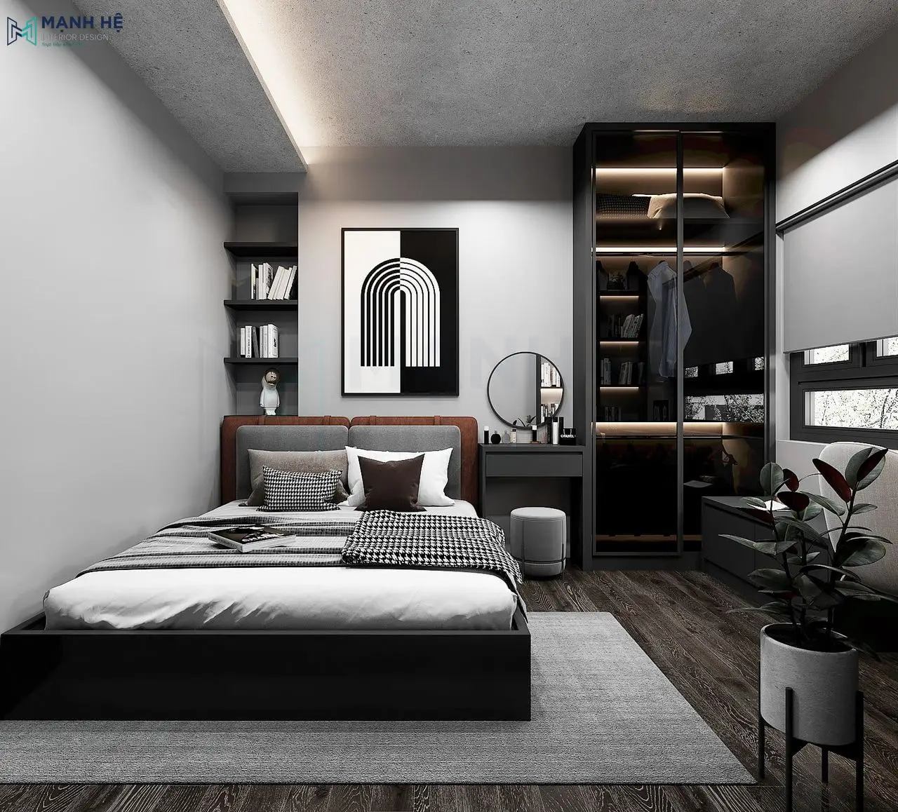 Phòng ngủ hiện đại: Đầu giường da đen, ga trắng.