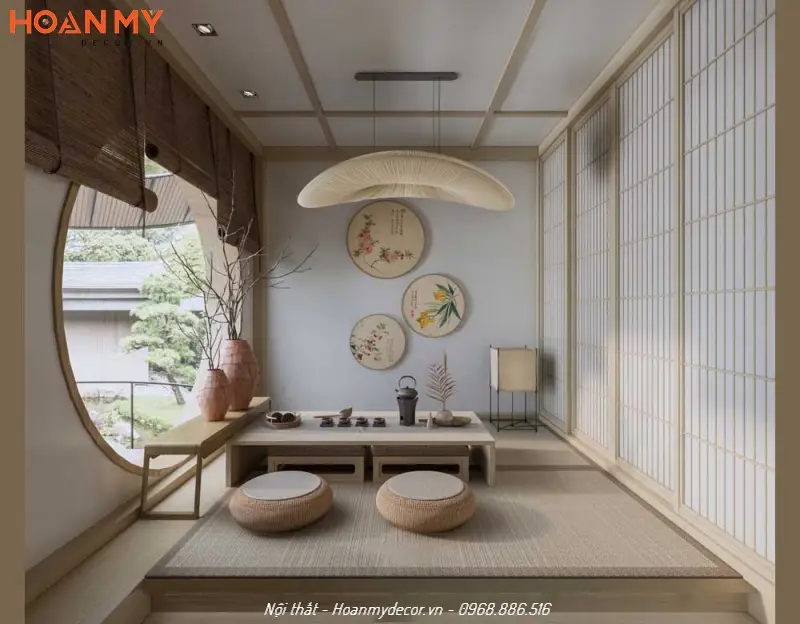 Không gian thiền định tĩnh lặng, bàn thờ tối giản.