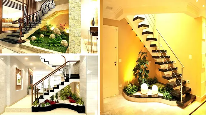 Nguyên nhân và Hóa giải cầu thang giữa nhà theo Phong thủy chính phái 7 Gầm cầu thang đẹp: tiểu cảnh xanh và ánh sáng.