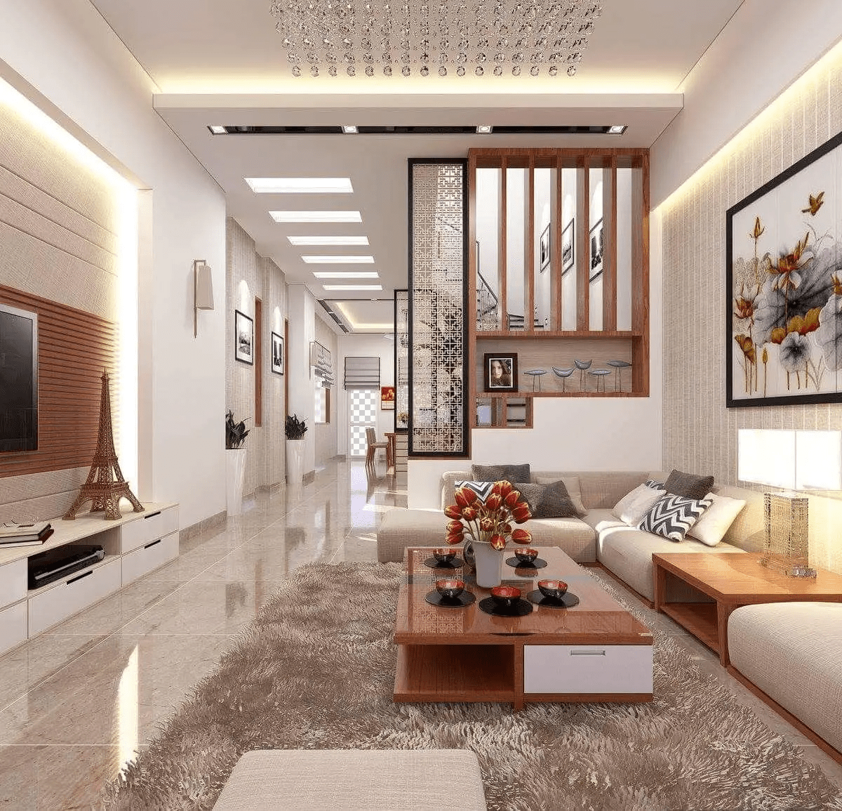 Thiết kế phòng khách đẹp, linh vật bài trí hài hòa.